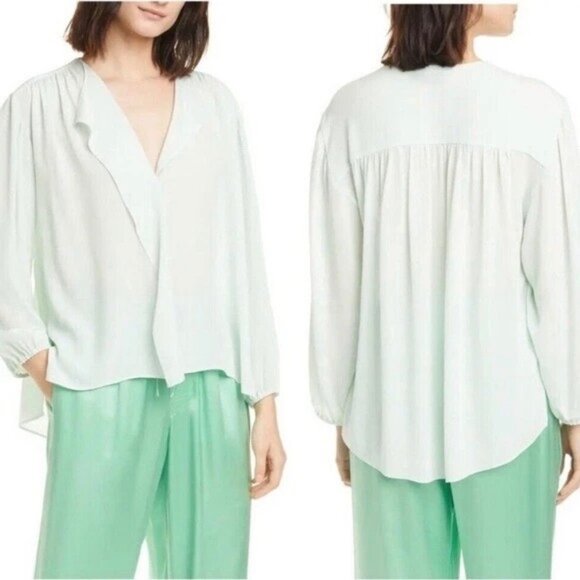 Vince Shirred Silk Blouse Womens Size Small Draped Front Light Green Long Sleeve - Picture 4 of 12